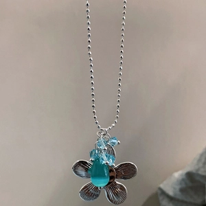 Blumen Anhänger Halskette Mit Blauem Wassertropfen Katzenauge Stein Und Legierung Kugelkette Eleganter Schmuck