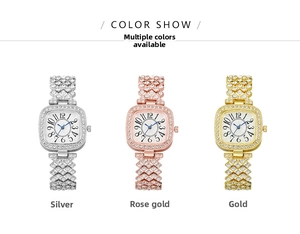 Comparaison détaillée de montres carrées en strass en finitions argent, rose et or