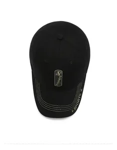 Top view of a black cotton baseball cap featuring embroidered sports logo and vintage patch