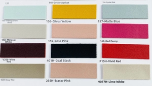 Detailed color chart of 15 PU leather swatches with numerical texture codes