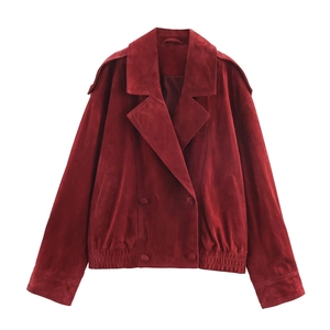 Women Faux Suede Jacket Double Breasted Lapel Cropped Outerwear Retro Casual Wine Red Long Sleeve Utility Coat