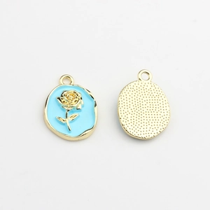 Detailed front and back view of oval rose enamel charms for DIY jewelry making