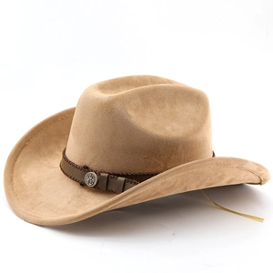 Detailed view of camel western cowboy hat featuring braided trim and silver emblem