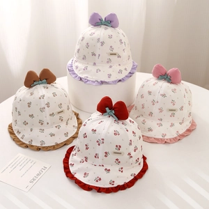 Cappello da sole floreale per neonati con fiocco e bordo ondulato in quattro colori