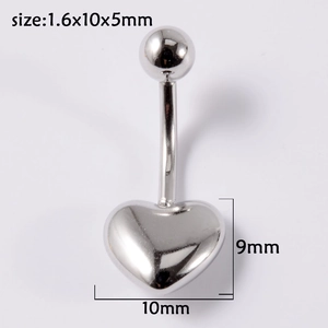 Diagramme technique détaillé du piercing de nombril coeur en acier 14G avec dimensions