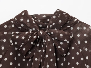 Detail of a brown polka dot chiffon blouse featuring a stylish neck bow-tie design