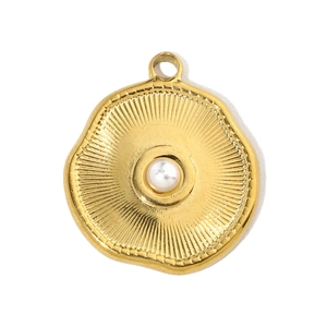 Detailed view of a gold-plated round pendant with radial texture and a white pearl