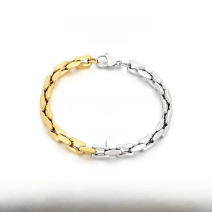 Detail view of two-tone stainless steel link bracelet with gold and silver geometric links