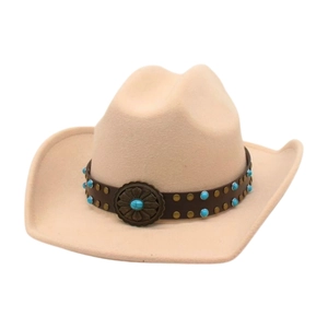 Classic beige western felt cowboy hat with turquoise and metal buckle leather band
