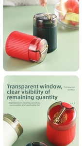 Detail showing automatic toothpick holder with vertical stripes and clear viewing window