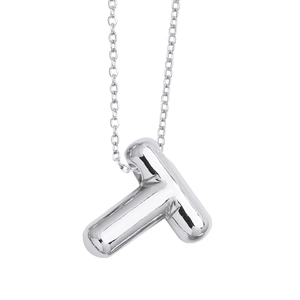 Polished silver 3D bubble letter T pendant necklace on a minimalist O-chain link