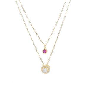 Double-layer gold plated necklace with pink gemstone and white zircon pendant