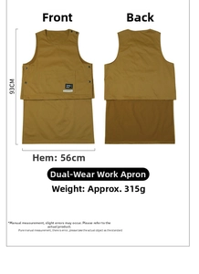 Detailed front and back view of brown work apron with adjustable straps and large pockets