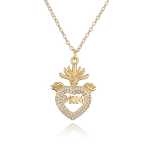 Gold heart MOM pendant necklace with crown and wings design on white background