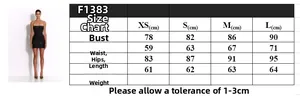 Size chart for strapless bodycon mini dress showing XS to L measurements in cm