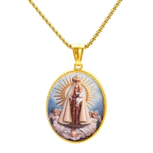 Collana con pendente ovale della Vergine Maria e Bambino in acciaio inossidabile oro 18k