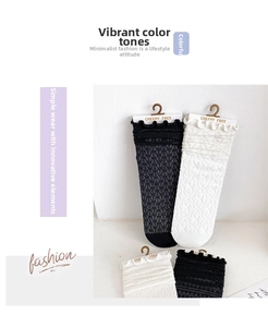 Detail of lace hollow pattern and ruffled edge on black and white crew socks