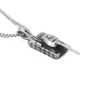 Vintage silver stainless steel tank pendant necklace with detailed box chain design