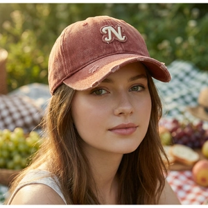 Close-up of vintage distressed red baseball cap featuring a white embroidered letter N