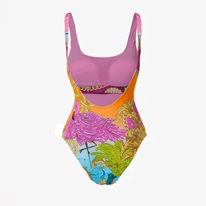 Women's one-piece swimsuit featuring flamingo tropical prints and baroque patterns