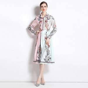 Elegant two-piece print dress with vertical pink and blue split floral design