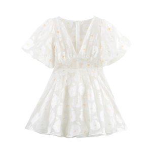 White Mini Dress V Neck Floral Embroidery Mesh Organza Puff Sleeve High Waist Elegant Sweet Style For Women