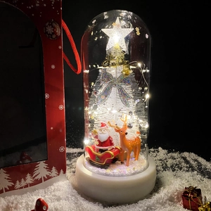Close-up of LED Christmas dome with Santa, reindeer and tree in warm lighting