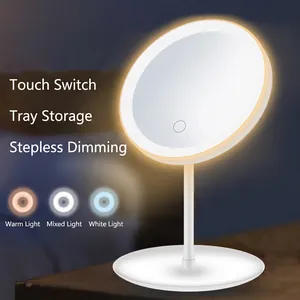 LED Makeup Mirror With Storage Tray Rechargeable Desktop Vanity Mirror Adjustable Color Modes Touch Dimming Portable For Women