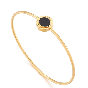 Bracelet Jonc En Acier Titane Pour Femme Avec Charme Circulaire En Résine Noire Gravé Love Bijou Minimaliste