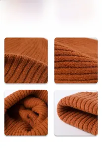 Detailed view of caramel ribbed knit beanie showing thick double-layer texture and stitching