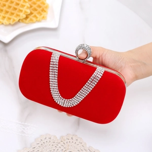 Elegant red velvet evening clutch bag with sparkling rhinestone chains and ring clasp handle