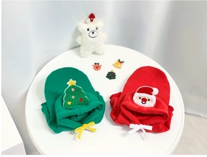 Detail von roten und grünen Weihnachts-Pet-Hoodies mit Weihnachtsmann-Plüsch-Patches