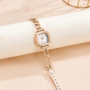Montre Quartz Carrée Femme Mode Élégante Cadran Nacre Bracelet Chaîne Alliage Cuir Étanche Chiffres Romains