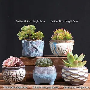 Detailed view of 5 mini succulent pots with unique embossed textures and glazed finish