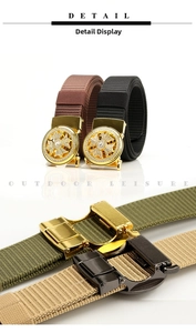 Detail view of tactical nylon belt with rotatable sparkling crystal star buckle in four colors