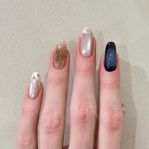 Sweet Cool French Style Press-on Nails Nude Pink Blue Gradient Star Pattern Oval Fake Nails Set DIY Manicure For Women