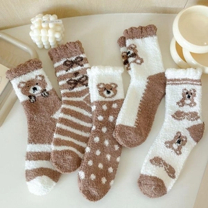 Five pairs of cozy bear coral fleece socks for women in brown and white patterns