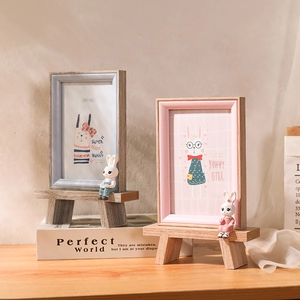 6 inch wooden rabbit photo frame set with cute bunny figurine and display stool