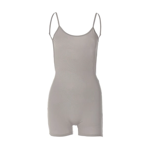 Minimalist grey backless sleeveless jumpsuit with ruched details on white background