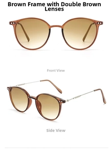 Detailed views of amber round frame sunglasses with gradient brown polarized lenses