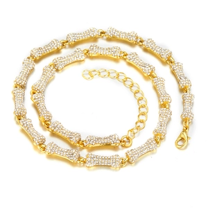 Hip hop style gold bone link chain necklace with white rhinestones and lobster clasp