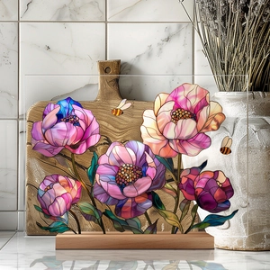 Desktop floral acrylic plaque with peony and bee design on a minimalist wooden base