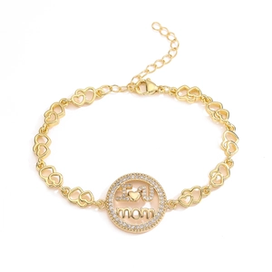 Gold-plated MOM heart link bracelet with I LOVE U MOM zircon pendant for women