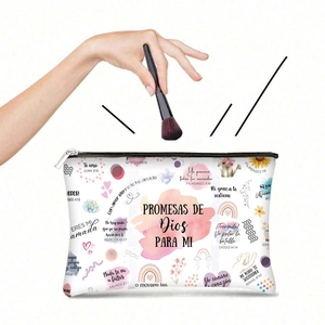 Close-up of white canvas makeup bag with zipper and Spanish religious quotes print