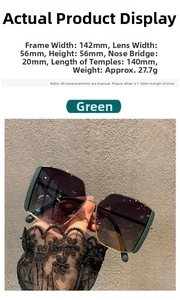 Detailed size chart for oversized square green polarized sunglasses with dimensions