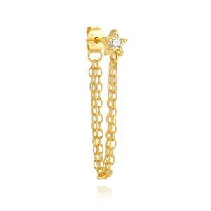 Detail of S925 sterling silver ear cuff with gold star charms and hanging zircon chains