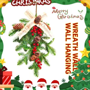 Christmas Swag Wall Hanging Decoration LED Lights Red Berries Pine Cones Frosted Pine Needles Merry Christmas Ribbon