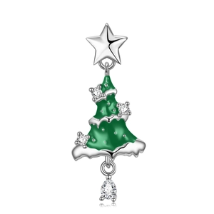 Detailed macro view of green enamel Christmas tree pendant with sparkling cubic zirconia