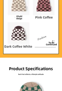 Detailed knit texture of checkerboard beanies in multiple autumn color variations