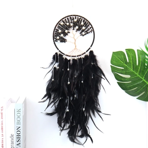 Detail of life tree dream catcher with black feathers and crystal stones for wall decor
